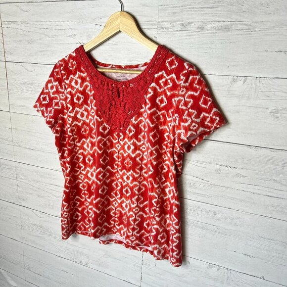 Charter Club Top Womens Size P/L Red & White Geometric Embroidered Chest Cotton - Picture 4 of 16